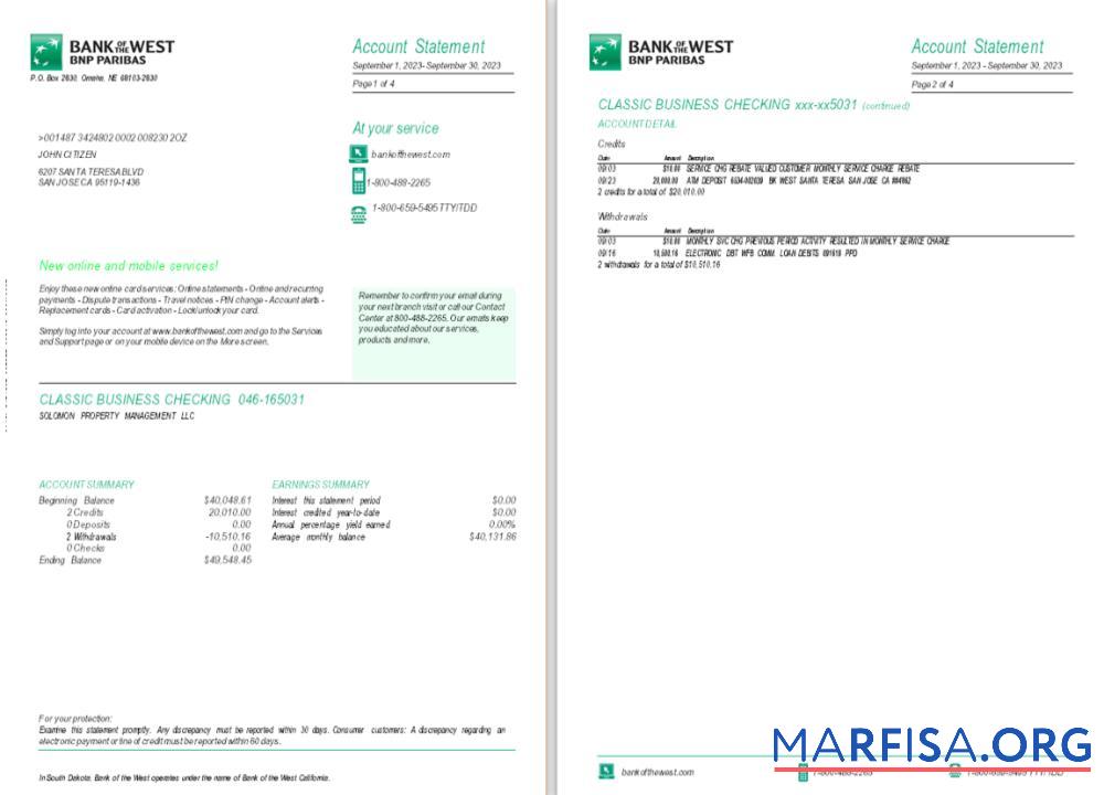 Printable USA South Dakota Bank of the West BNP Paribas bank statement word 4 pages 1 2 sample